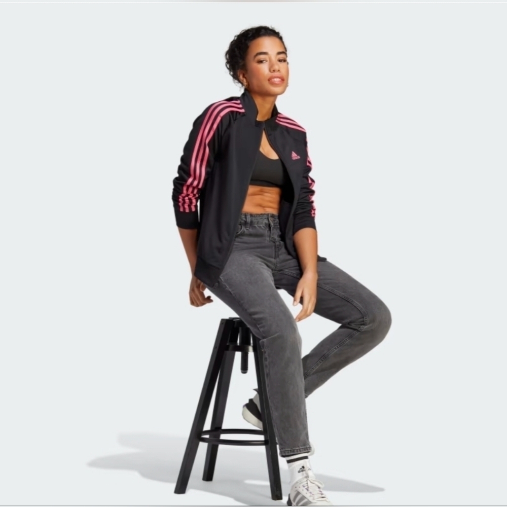 Adidas Essentials 3 stripes track jacket black pink Small Streetwear